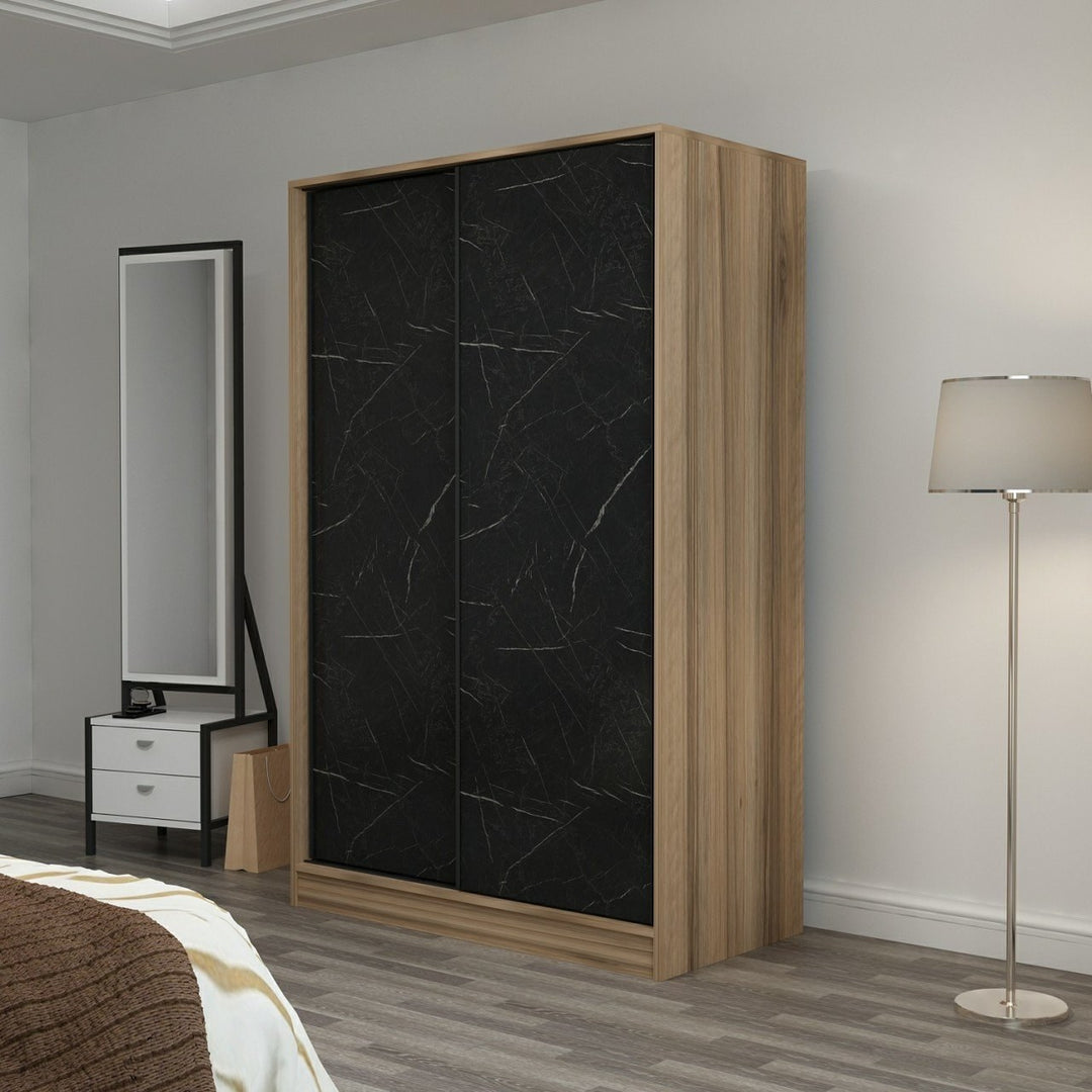 FUNZI LIVING Kales 2321 garderobeskab m. 2 skydelåger 1 bøjlestang 5 hylder sten og egefarvet