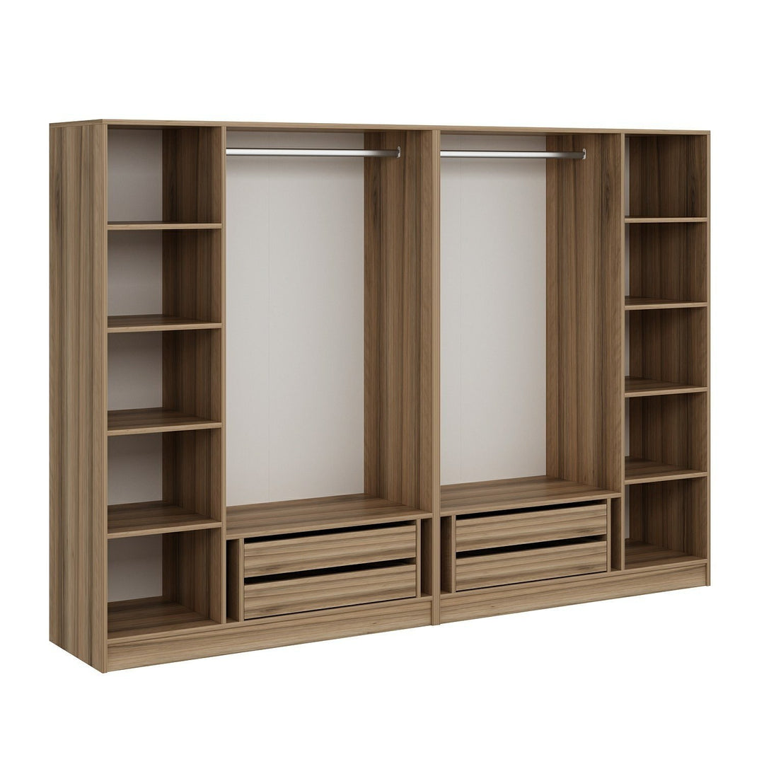 FUNZI LIVING 7541 åbent garderobeskab m. 2 bøjlestænger 4 skuffer 8 hylder natur melamin