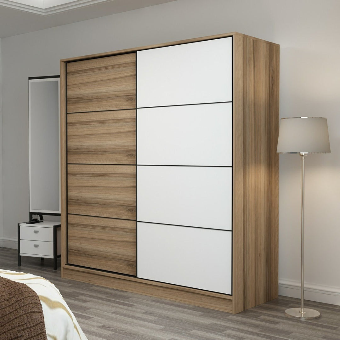 FUNZI LIVING 3179 garderobeskab 2 skydelåger 2 bøjlestænger 2 skuffer natur/hvid melamin