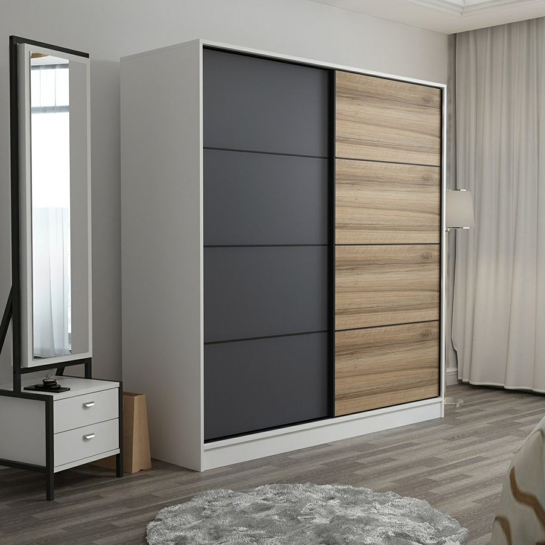 FUNZI LIVING 7152 garderobeskab 2 skydelåger 2 bøjlestænger 2 skuffer hvid/antracit melamin