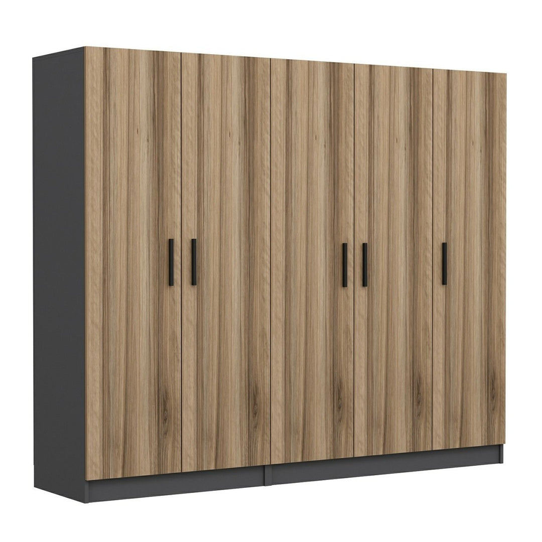 FUNZI LIVING 5106 garderobeskab 5 låger 3 bøjlestænger 2 skuffer antracit/natur melamin