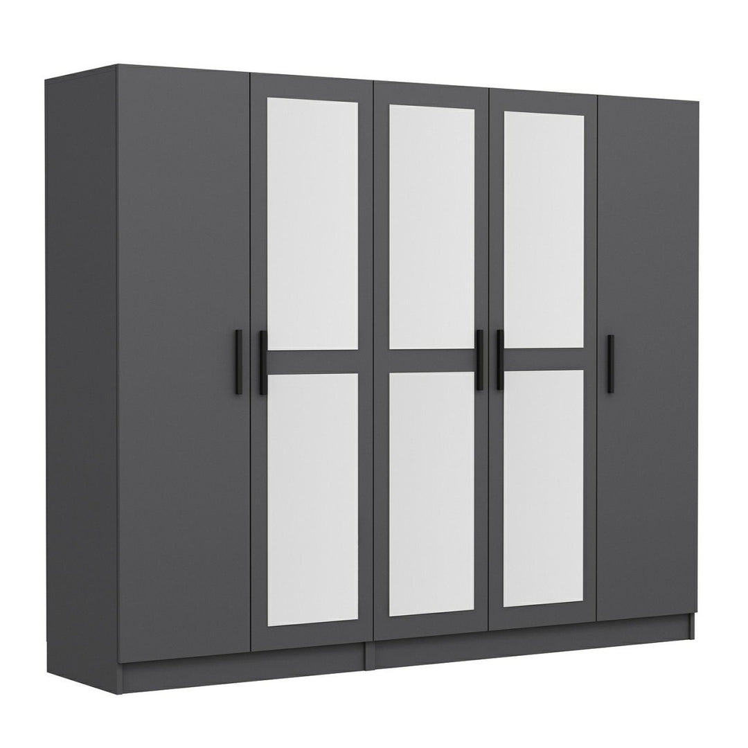 FUNZI LIVING 5090 garderobeskab spejl 5 låger 3 bøjlestænger 2 skuffer antracitgrå melamin
