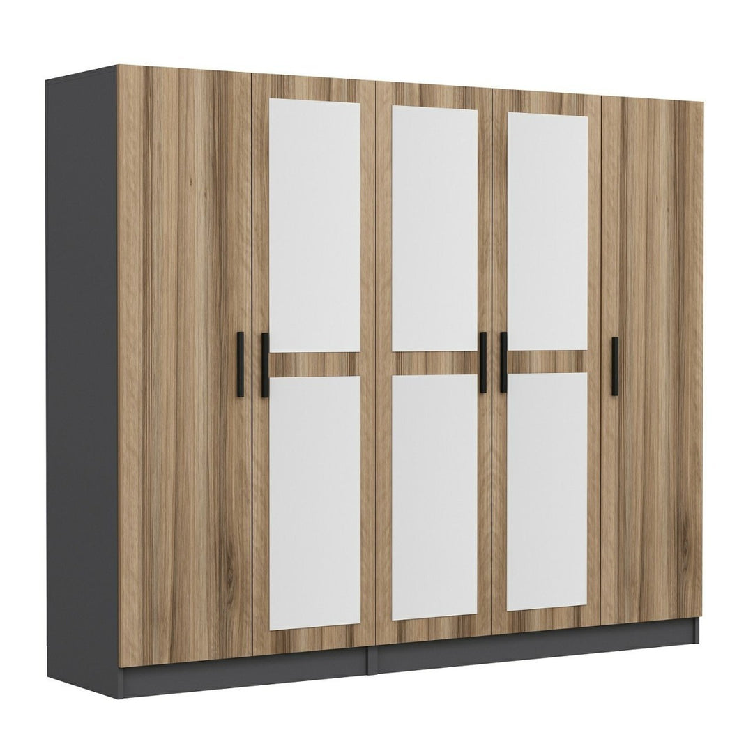 FUNZI LIVING 5117 garderobeskab spejl 5 låger 3 bøjlestænger 2 skuffer natur/antracit melamin