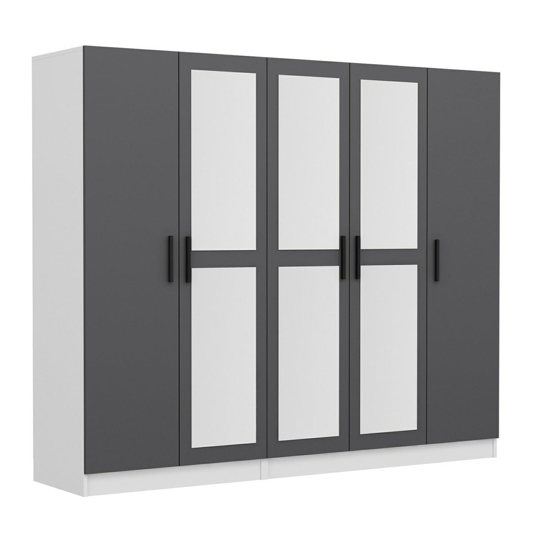 FUNZI LIVING 5063 garderobeskab spejl 5 låger 3 bøjlestænger 2 skuffer antracit/hvid melamin