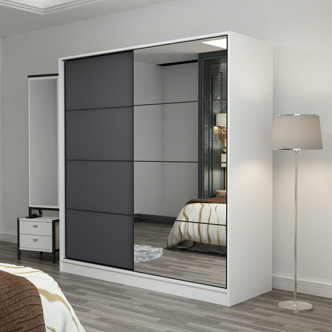 FUNZI LIVING 7155 garderobeskab spejl 2 skydelåger 2 bøjlestænger 2 skuffer hvid melamin