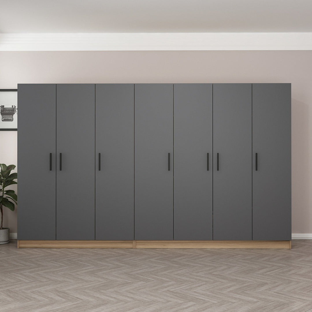 FUNZI LIVING 7643 garderobeskab 7 låger 2 bøjlestænger 4 skuffer hylder antracit/natur melamin