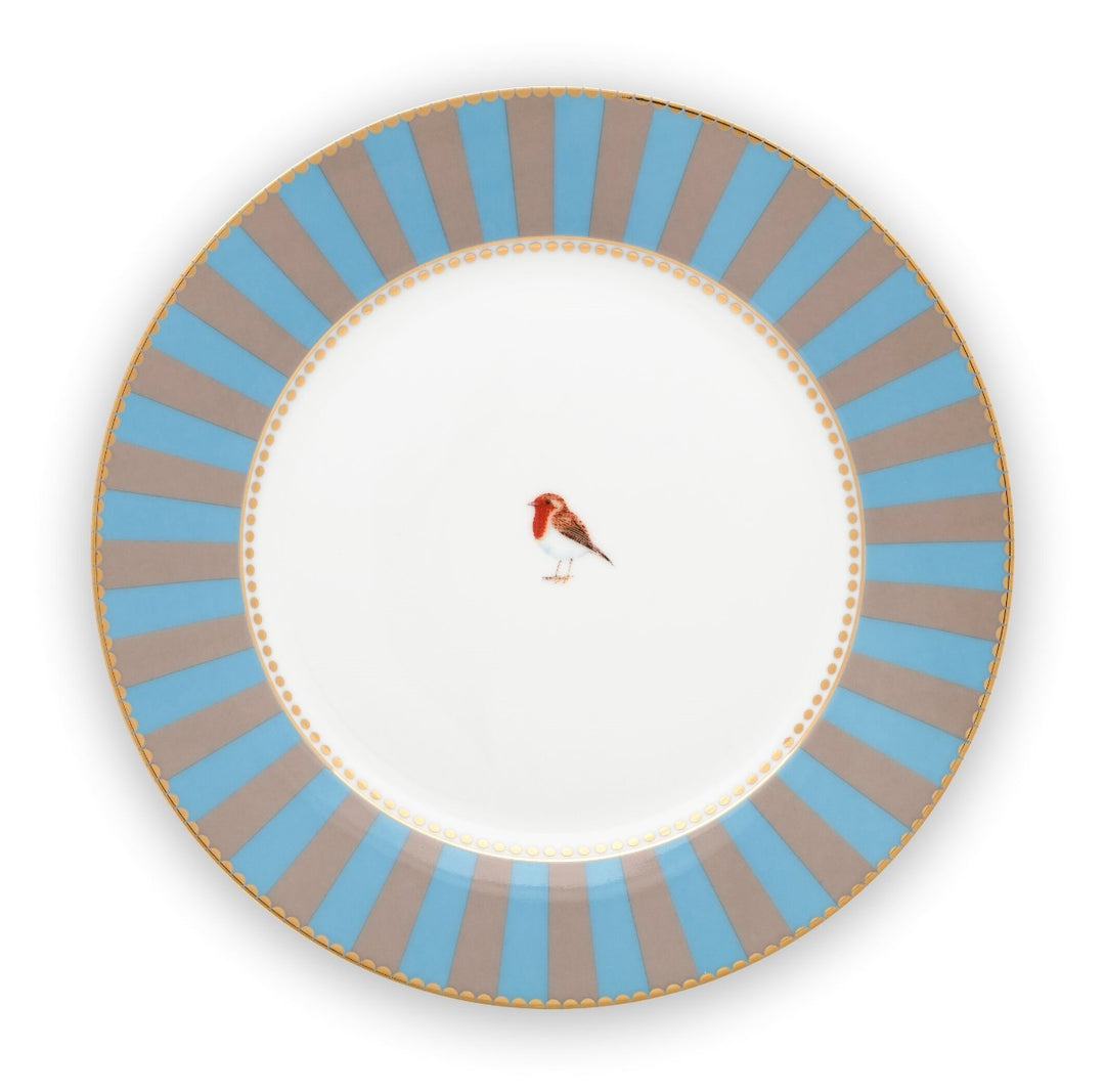 Produktbillede af Pip studio Love Birds porcelæn stribet blå/kahki tallerken Ø 21cm på tilbud i høj kvalitet