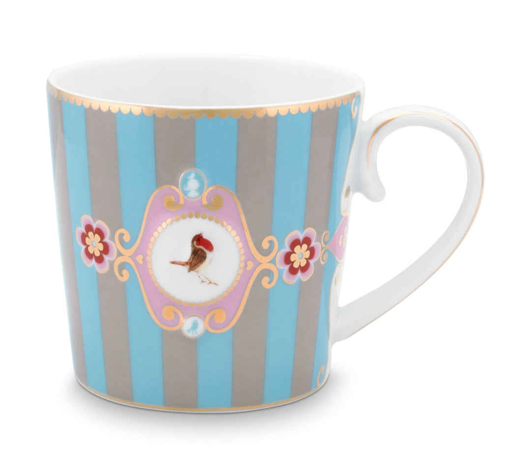 Produktbillede af Mug Large Love Birds Medallion Stripes Blue-Khaki 250ml på tilbud i høj kvalitet