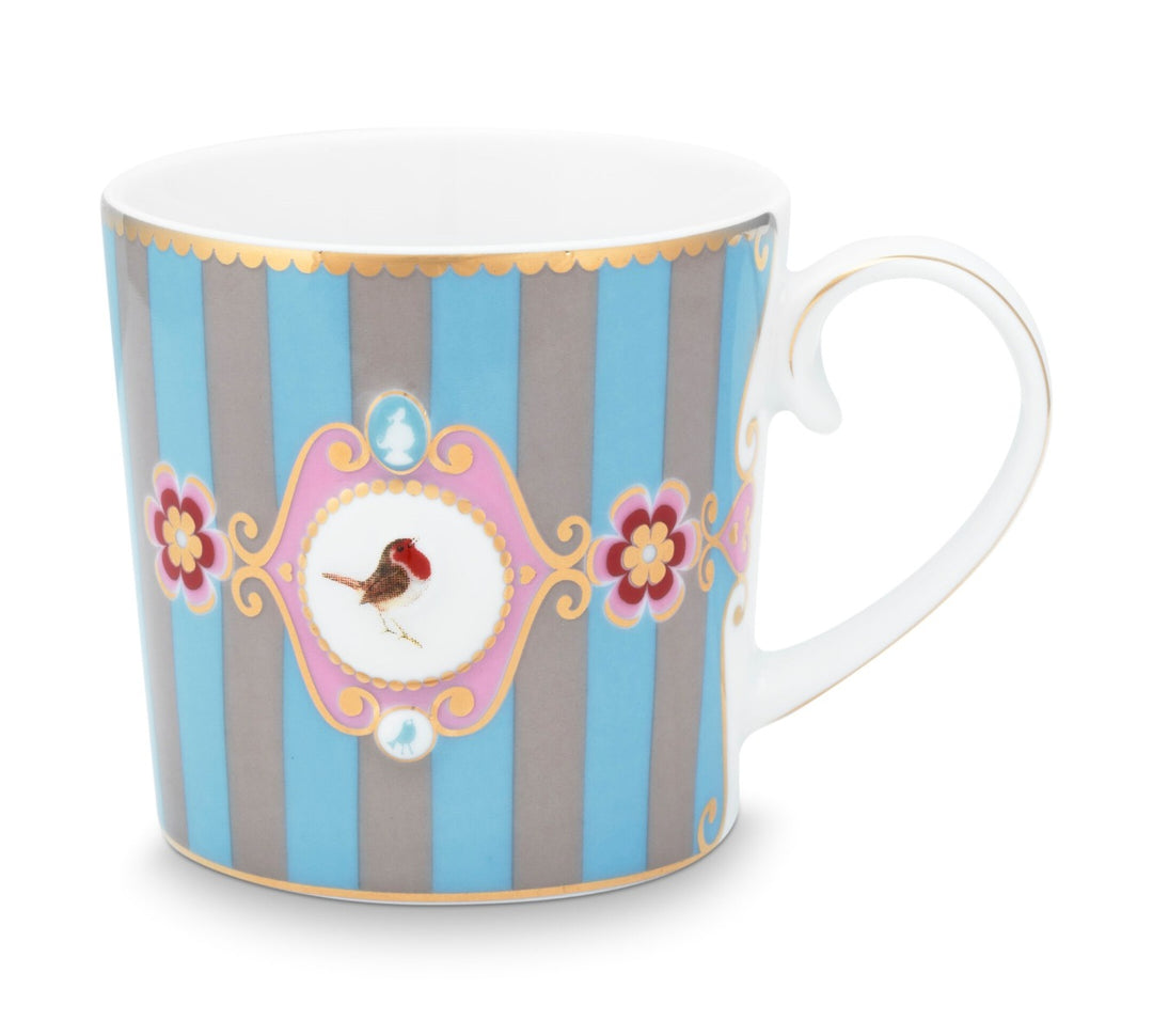 Produktbillede af Pip Studio porcelæn Love Birds lille stribet krus blå/khaki 150 ml på tilbud i høj kvalitet