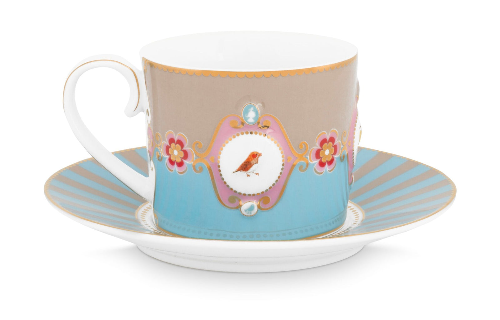 Produktbillede af Pip Studio porcelæn Love Birds Medallion kop M/underkop blå/khaki 200 ml på tilbud i høj kvalitet