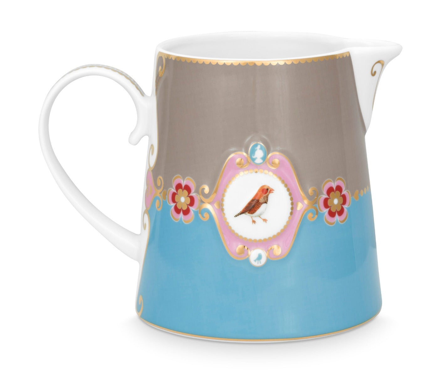 Produktbillede af Pip Studio porcelæn Love Birds Medallion stor kande khaki/blå 900 ml på tilbud i høj kvalitet