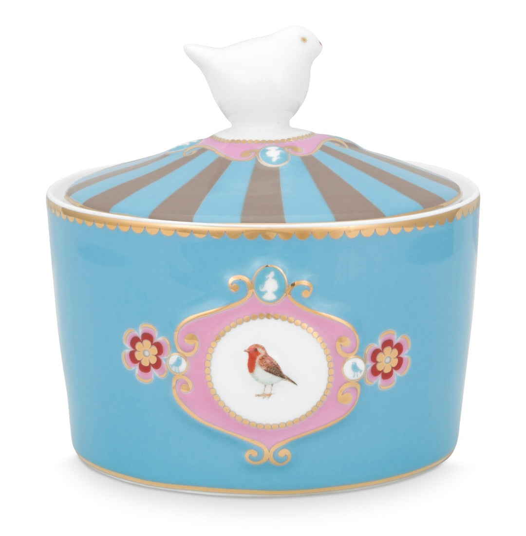 Produktbillede af Pip Studio porcelæn Love Birds Medallion sukkerskål M/låg khaki/blå 300 ml på tilbud i høj kvalitet