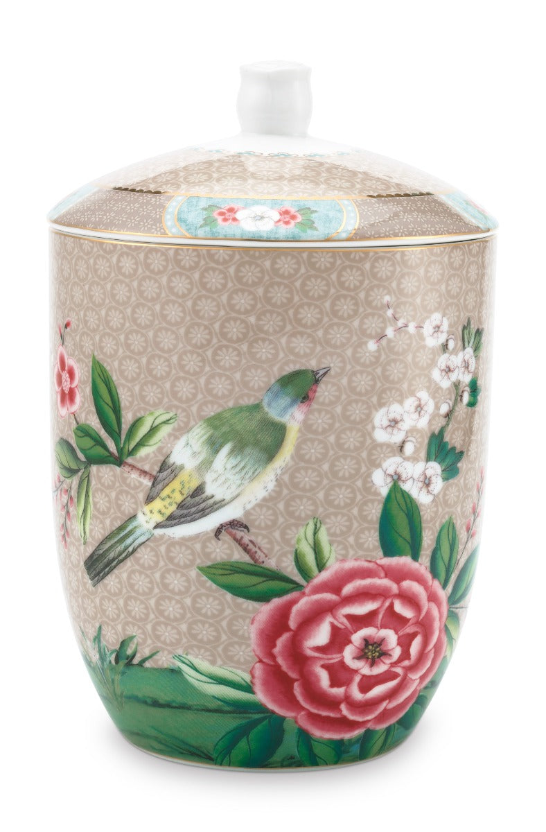 Produktbillede af Pip Studio porcelæn Blushing Birds stor krukke M/låg Khaki 1.5 ltr på tilbud i høj kvalitet