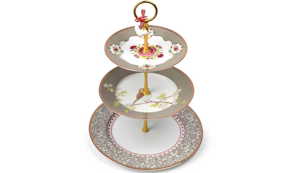 Produktbillede af Pip studio Floral Porcelæn Kageopsats i 3 Etager Khaki på tilbud i høj kvalitet