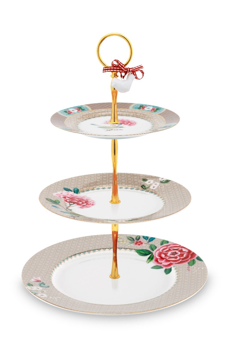 Produktbillede af Pip Studio porcelæn Blushing Birds kageopsats I 3 etager Khaki på tilbud i høj kvalitet