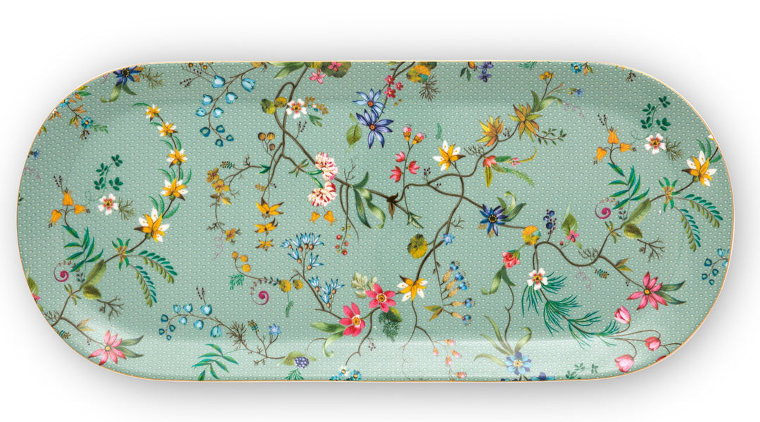 Produktbillede af Cake Tray Rectangular Jolie Flowers Blue 33.3x15.5cm på tilbud i høj kvalitet