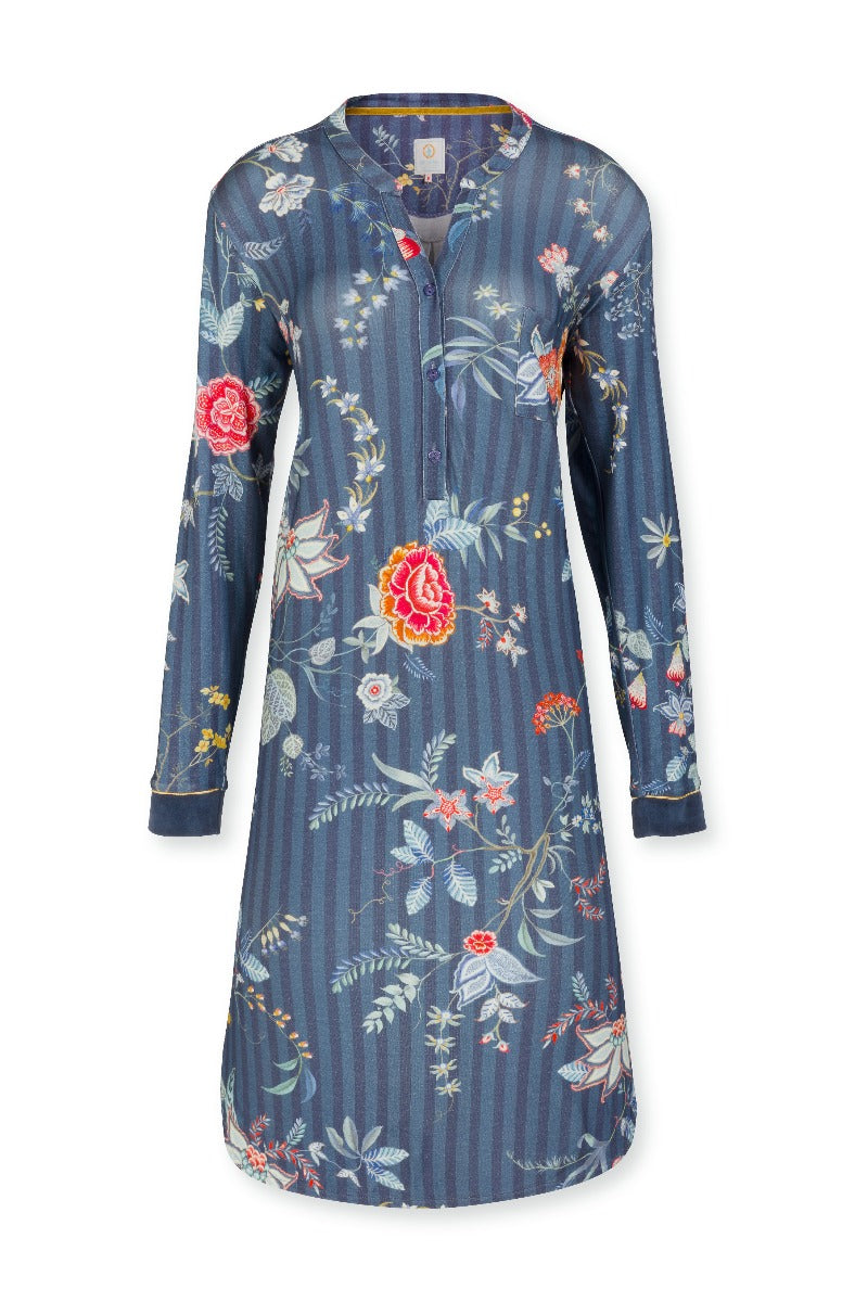 Produktbillede af Pip Studio Night Dress Long Sleeve Diogo Flower Festival Dark Blue-Small på tilbud i høj kvalitet