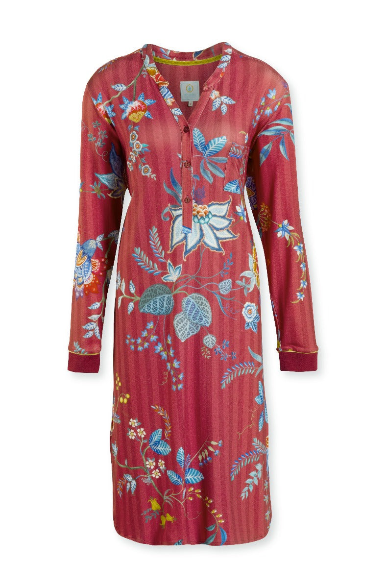 Produktbillede af Pip Studio Night Dress Long Sleeve Diogo Flower Festival Red-Medium på tilbud i høj kvalitet