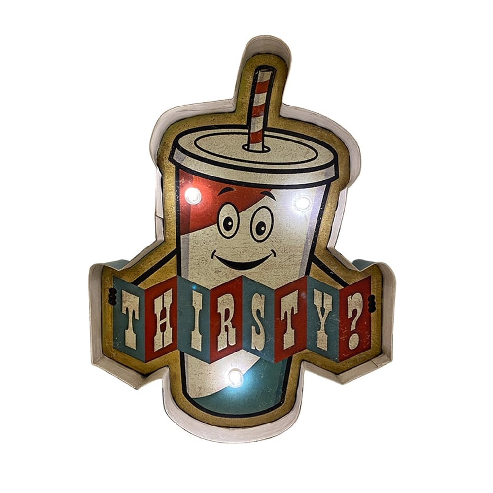 Produktbillede af Køb Retro Skilt THIRSTY med lys på tilbud