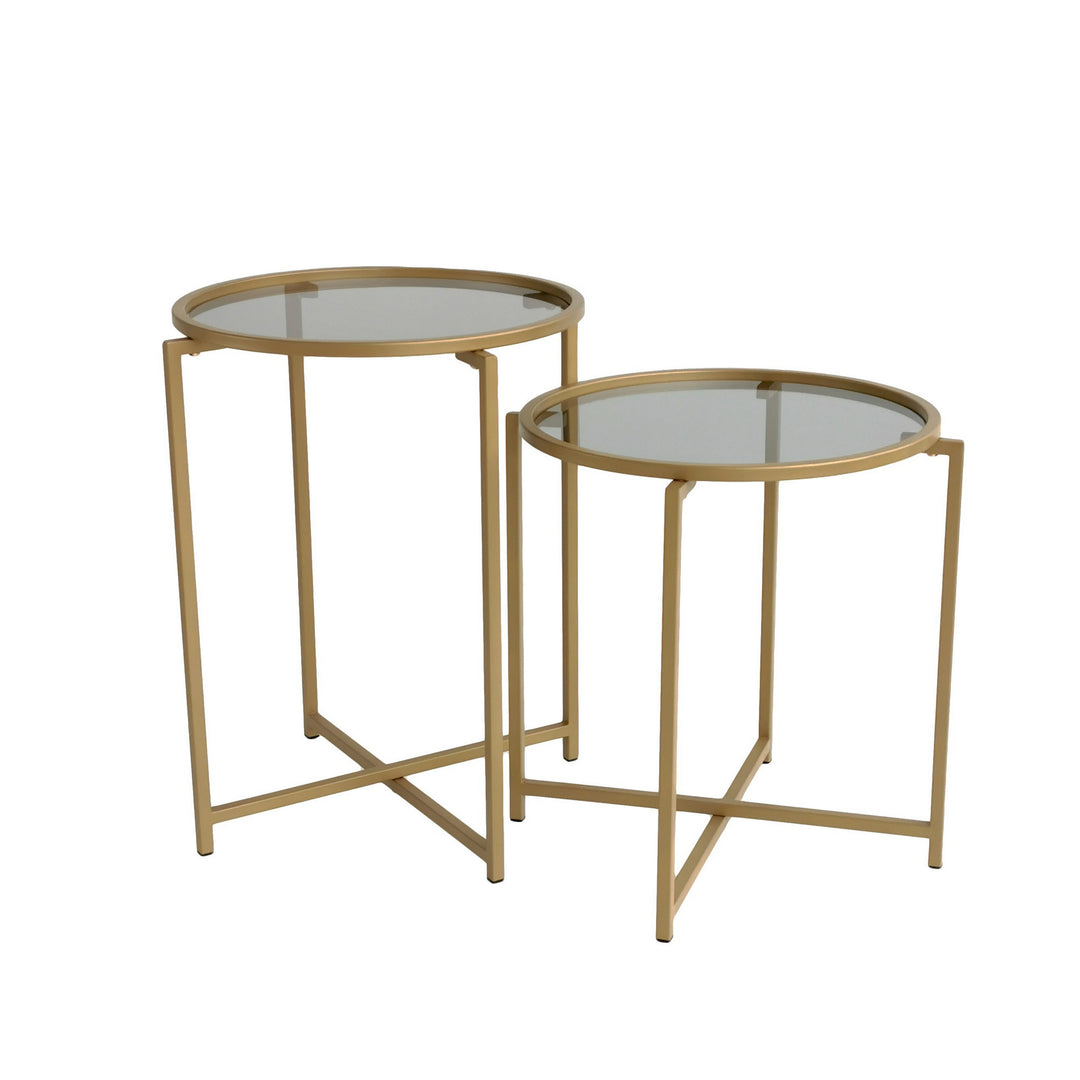 NORDVÄRK S406 sofabord røgfarvet glas og guld metal sæt med 2