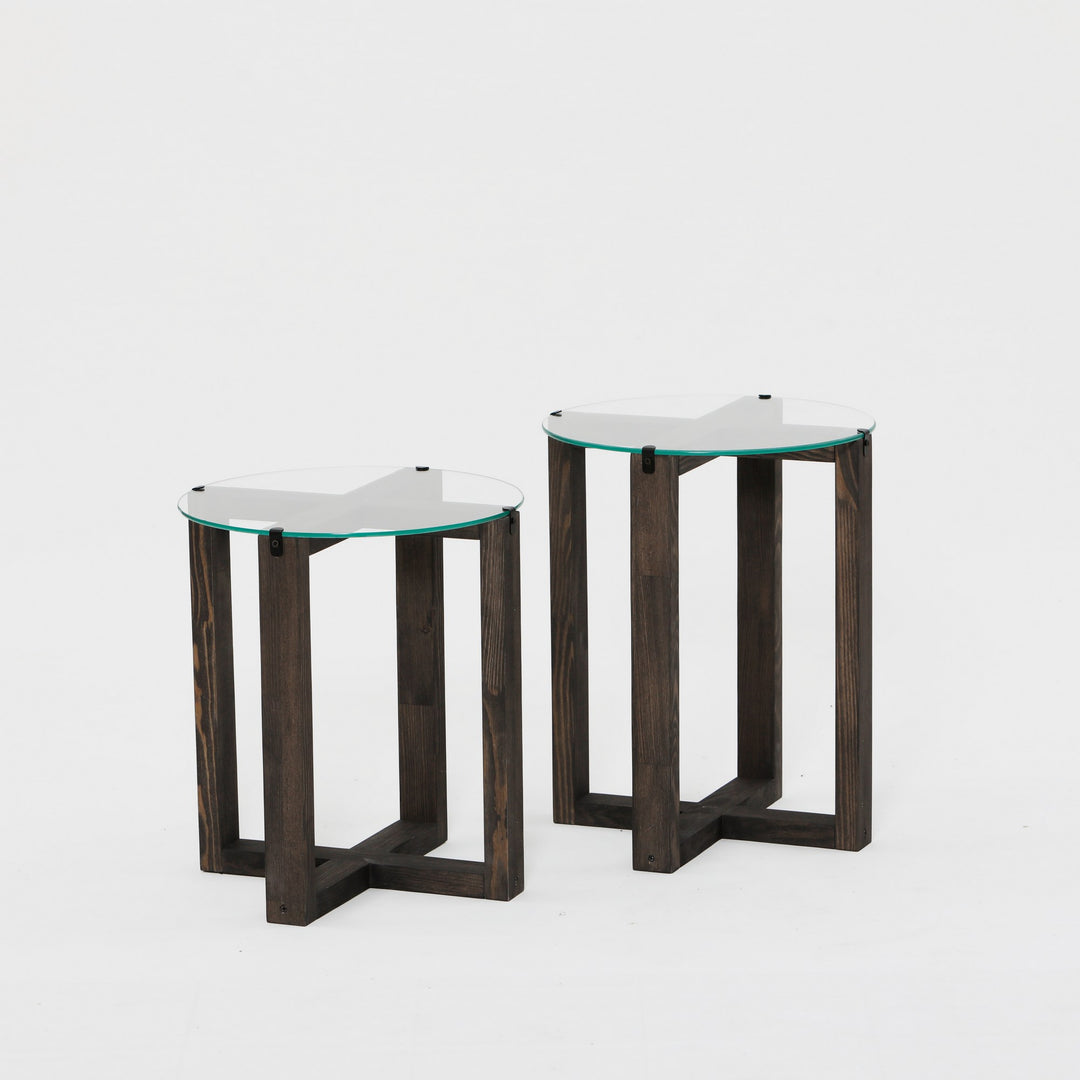 NORDVÄRK Amalfi sidebord rund glas og antracitgrå fyrretræ sæt med 2