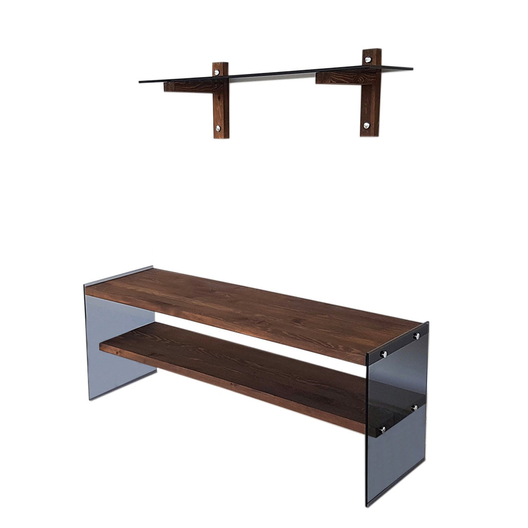 NORDVÄRK TV101 TV-bord m. 1 væghylde og 1 hylde glas og valnøddefarvet fyrretræ 120x35