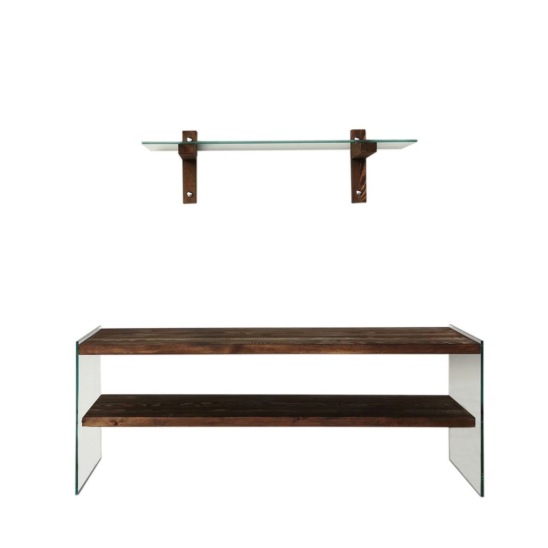 NORDVÄRK TV104 TV-bord m. 1 væghylde og 1 hylde glas og valnøddefarvet fyrretræ 120x35
