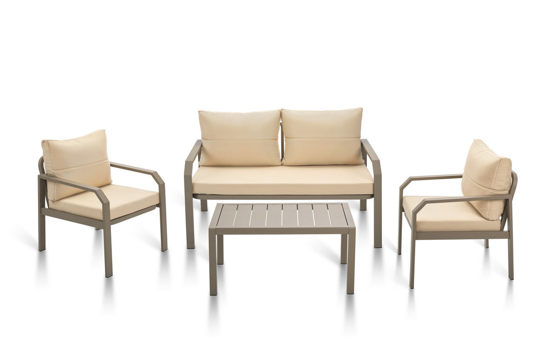 NORDVÄRK Arya udendørs loungesæt m. 2 stole 1 sofa 1 bord og creme hynder cappucino aluminium