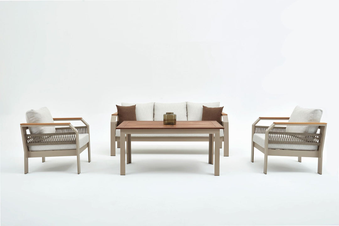 NORDVÄRK Morento udendørs loungesæt m. 2 stole 1 sofa 1 bord beige hynder beige aluminium