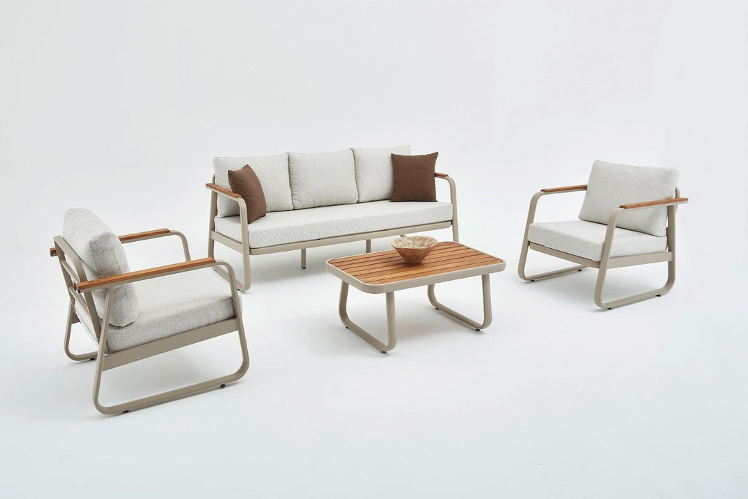 NORDVÄRK Rio udendørs loungesæt m. 2 stole 1 sofa 1 bord og beige hynder beige aluminium