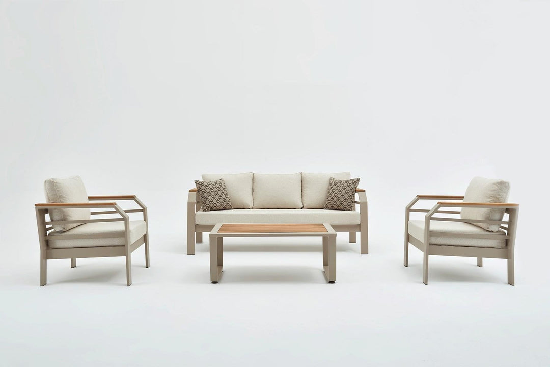 NORDVÄRK Assento udendørs loungesæt m. 2 stole 1 sofa 1 bord beige hynder beige aluminium