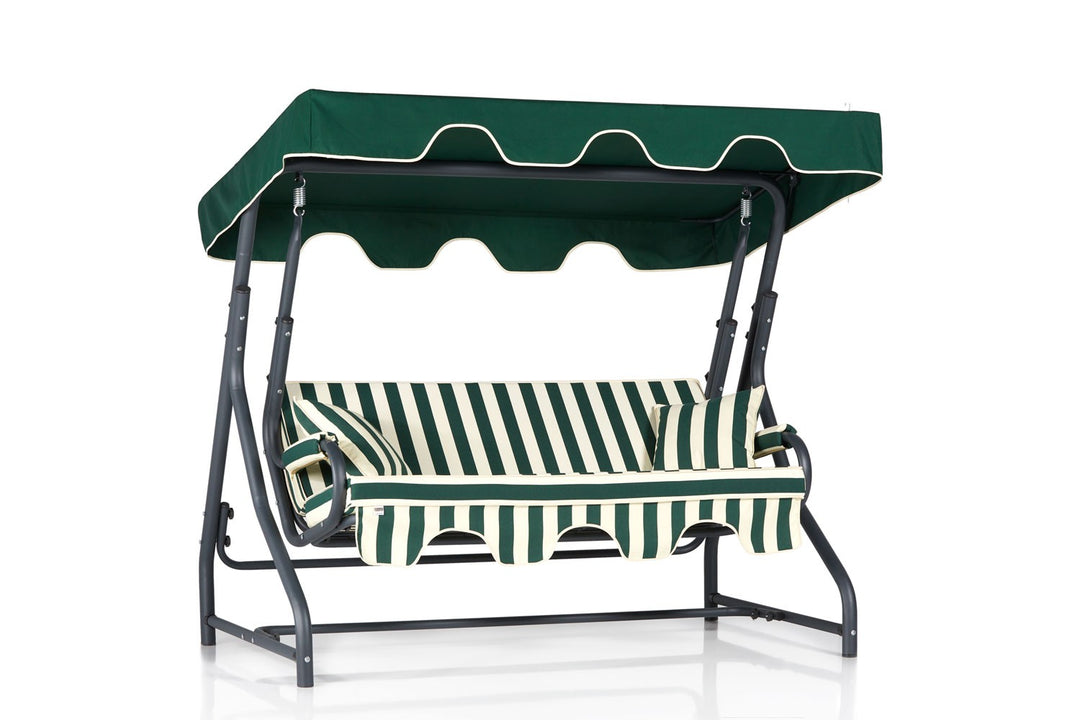 NORDVÄRK Ruta 18 udendørs triple hængesofa grøn/creme polyester stof og metal