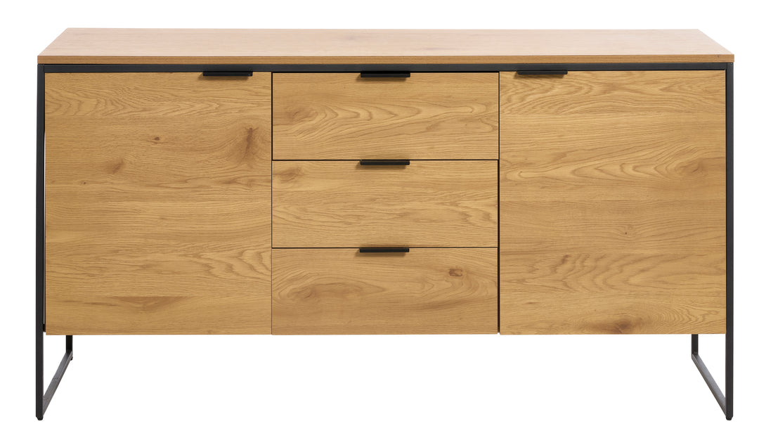UNIQUE FURNITURE skænk m. 2 låger 2 hylder 2 skuffer natur egemelamin papir sort jern B:155