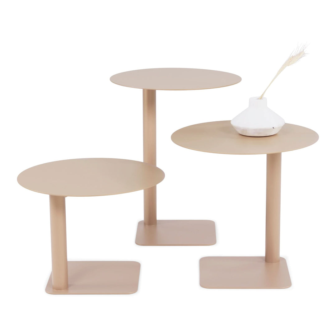 Triffel - Sofabord i champagnefarvet metal, 3 modeller 3 borde ø 40 cm, 3 højder