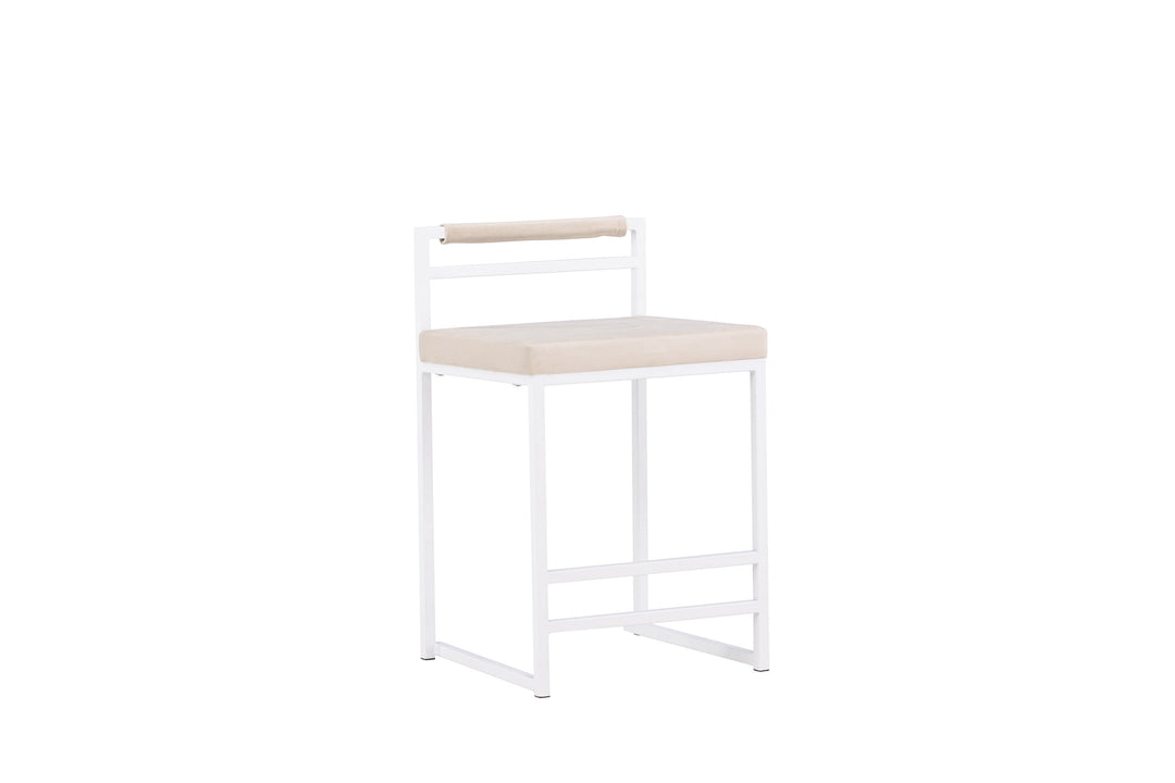 VENTURE DESIGN Opelika barstol m. ryglæn og fodstøtte beige polyester fløjl og hvid stål