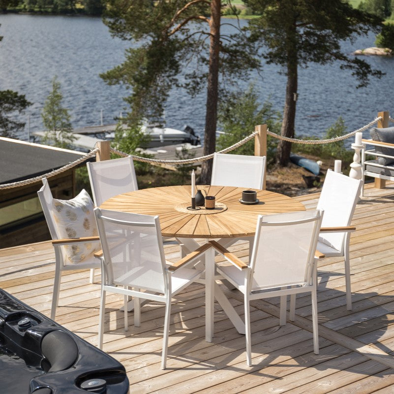 Produktbillede af Ponsa Spisebord i teaktræ og hvid aluminium diameter 140 cm. på tilbud i høj kvalitet