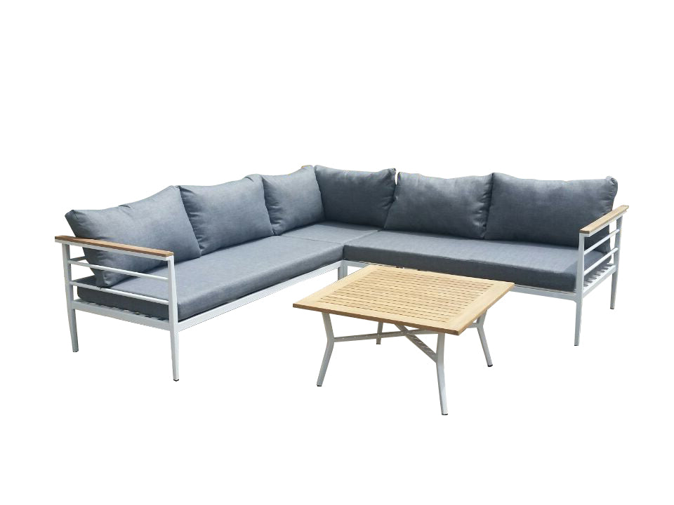 VENTURE DESIGN Mexico hjørne havesofa m. sofabord og hynder grå polyester hvid aluminium natur teaktræ