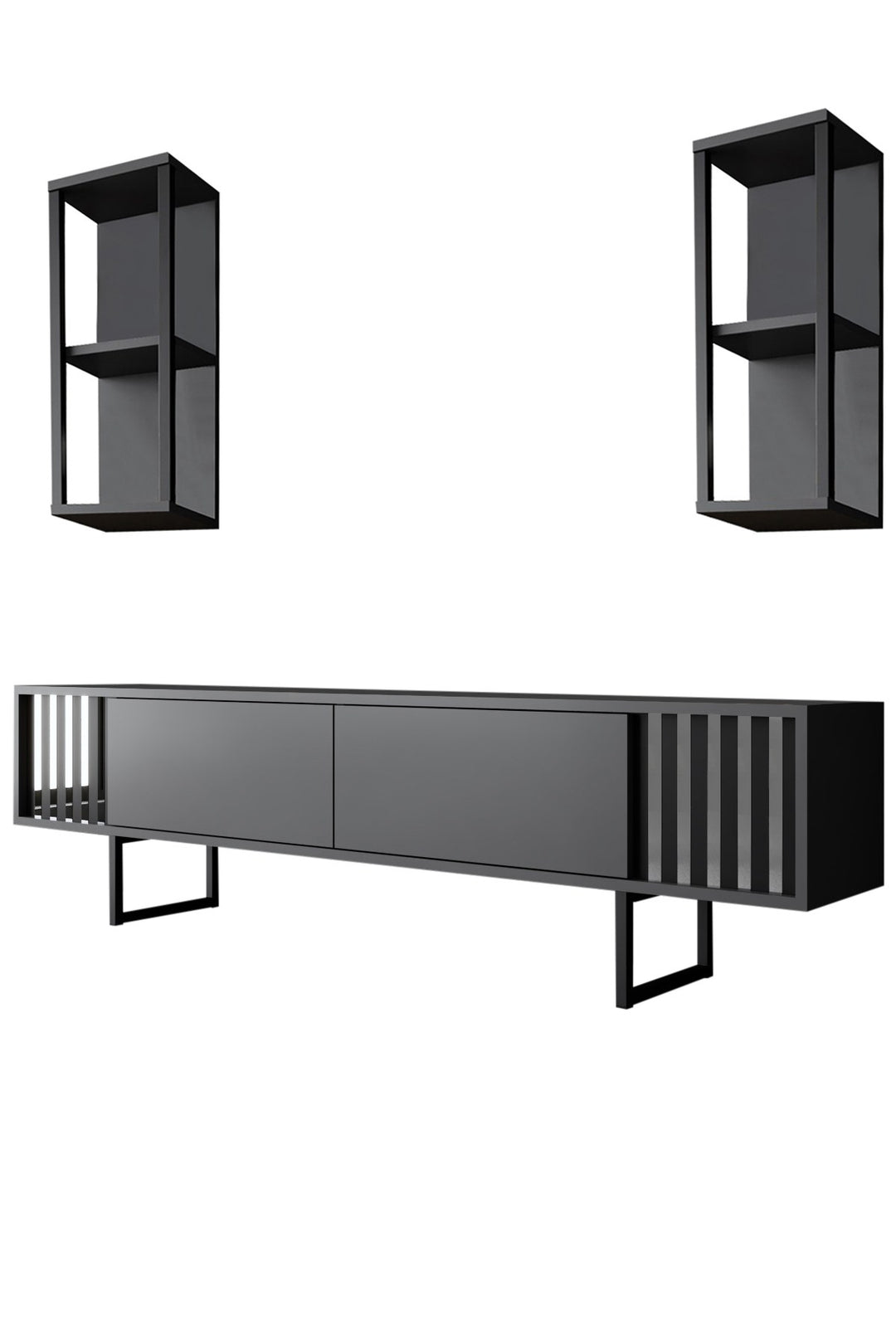 NORDVÄRK Chrome Line TV-bord og 2 væghylder antracitgrå melamin og sort metal sæt med 3