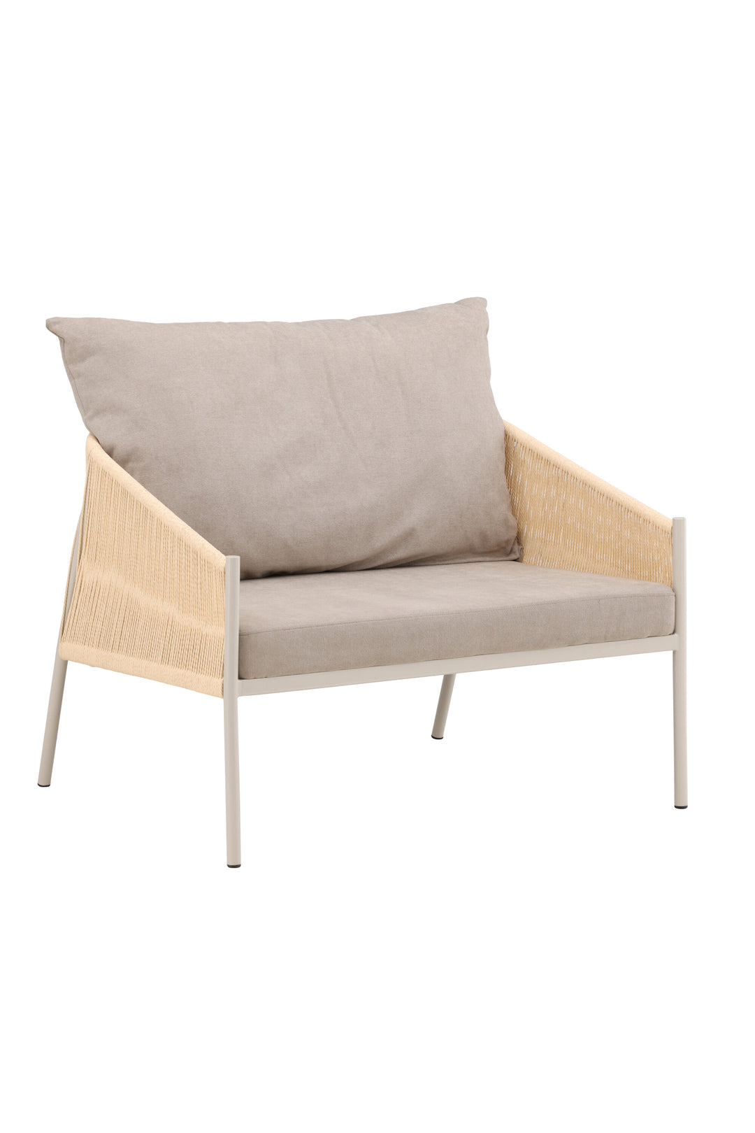 VENTURE DESIGN Louie loungestol m. armlæn og stof hynder beige reb og beige stål