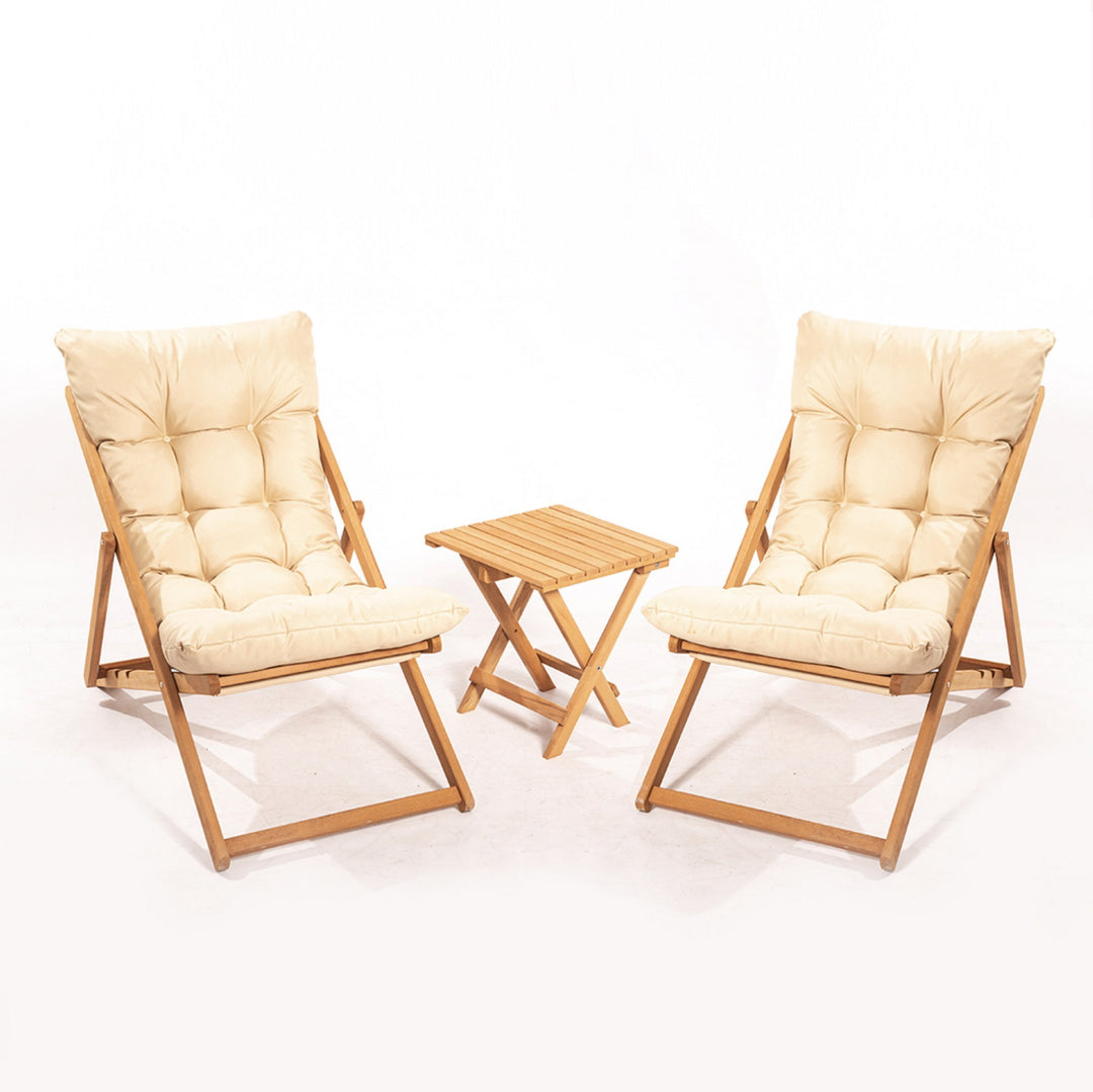 NORDVÄRK My005 loungesæt m. 1 havebord og 2 liggestole creme hynde og natur bøgetræ