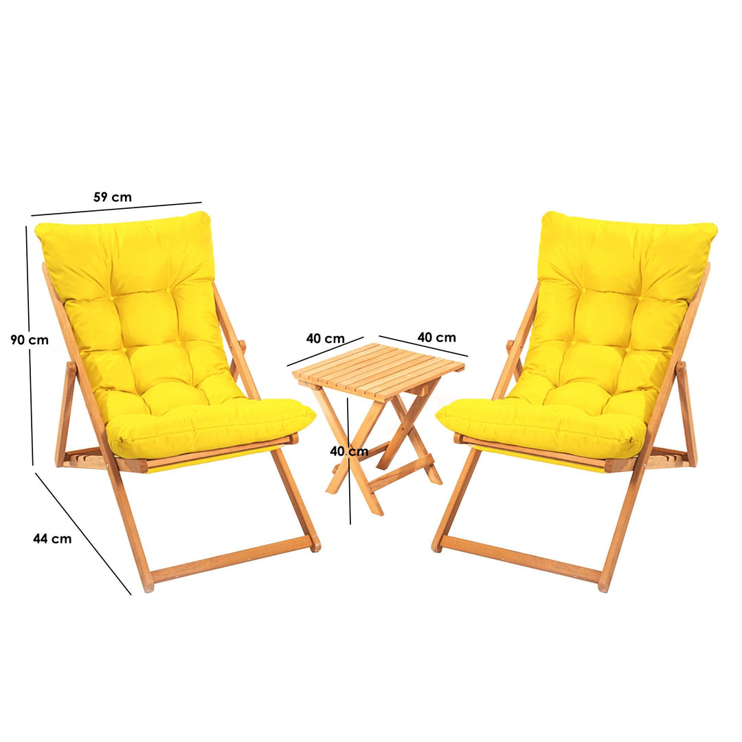 Produktbillede af NORDVÄRK My005 loungesæt m. 1 havebord og 2 liggestole gul hynde og natur bøgetræ i premium kvalitet