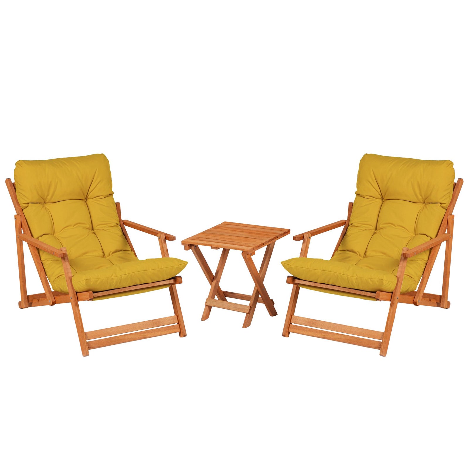 Produktbillede af NORDVÄRK MY007 loungesæt m. 2 havestole 1 havebord og gule hynder natur bøgetræ i premium kvalitet