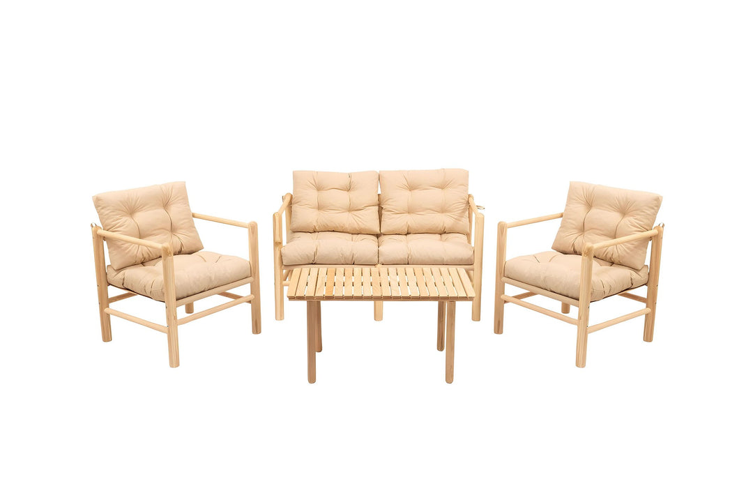 NORDVÄRK My028 udendørs loungesæt m. 1 bord 1 sofa 2 stole creme hynder/natur kastanjetræ