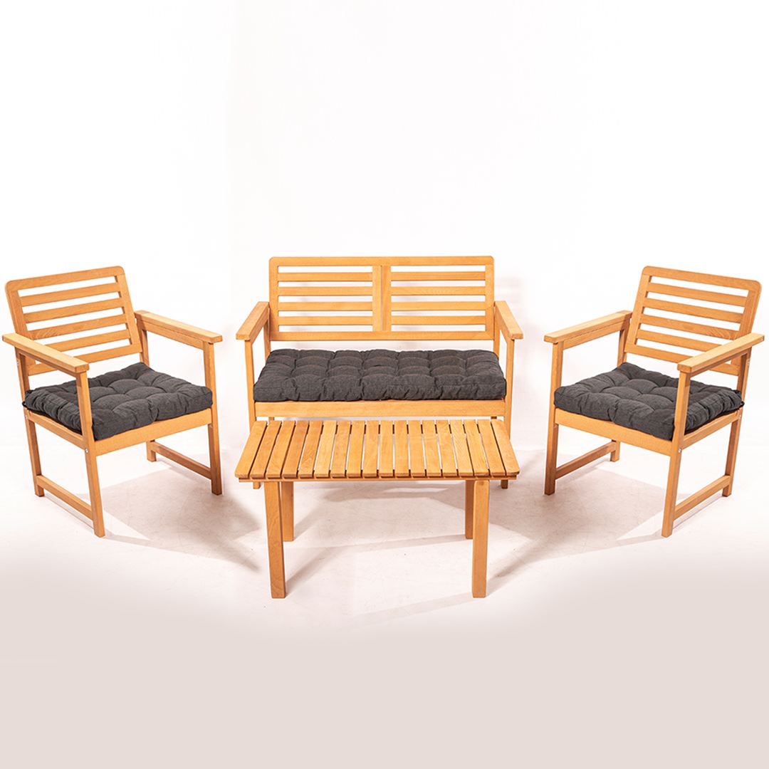 NORDVÄRK MYT01 udendørs loungesæt m. 2 stole 1 sofa 1 bord og antracitgrå hynder natur træ