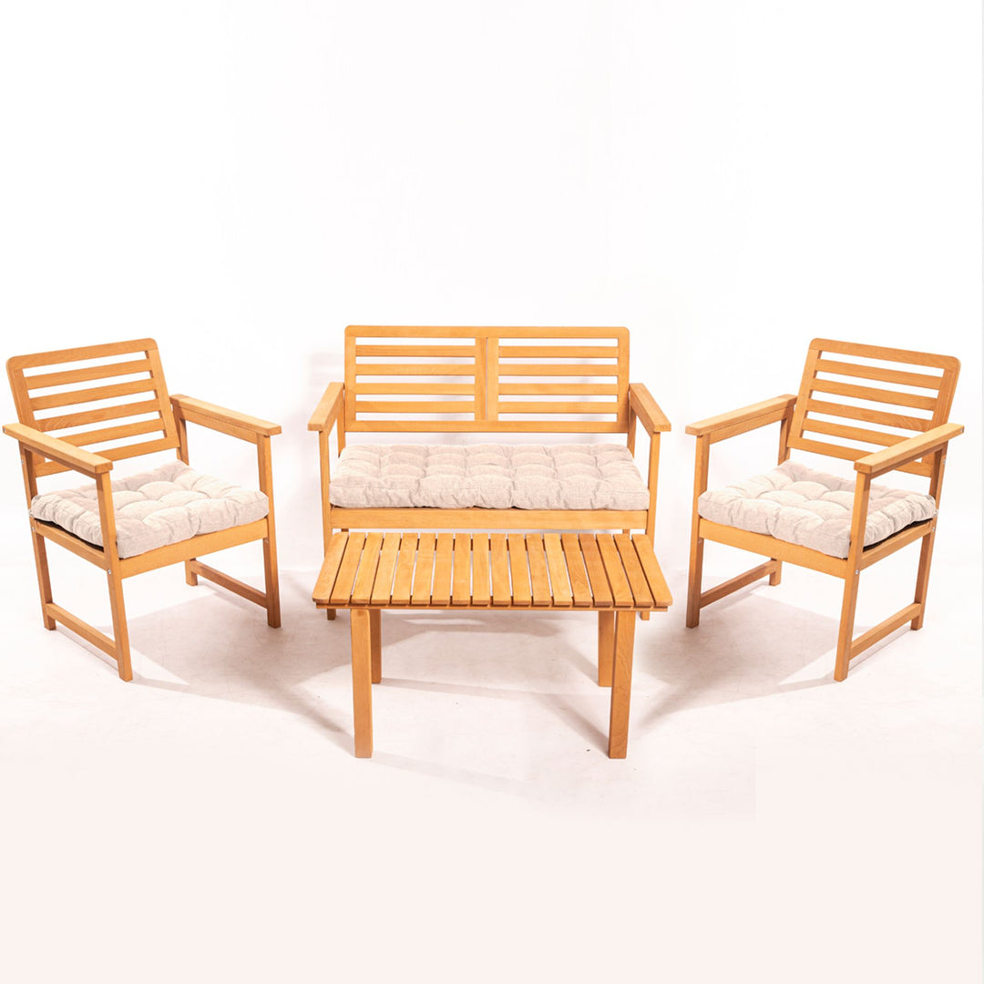 NORDVÄRK MYT01 udendørs loungesæt m. 2 stole 1 sofa 1 bord og creme hynder natur træ