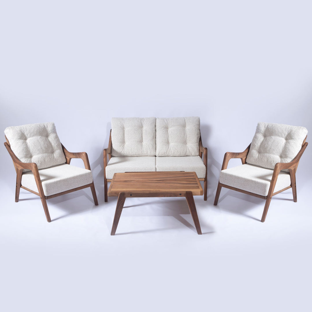NORDVÄRK MYC01 udendørs loungesæt m. 1 bord 1 sofa 2 stole creme hynder/brun valnøddetræ