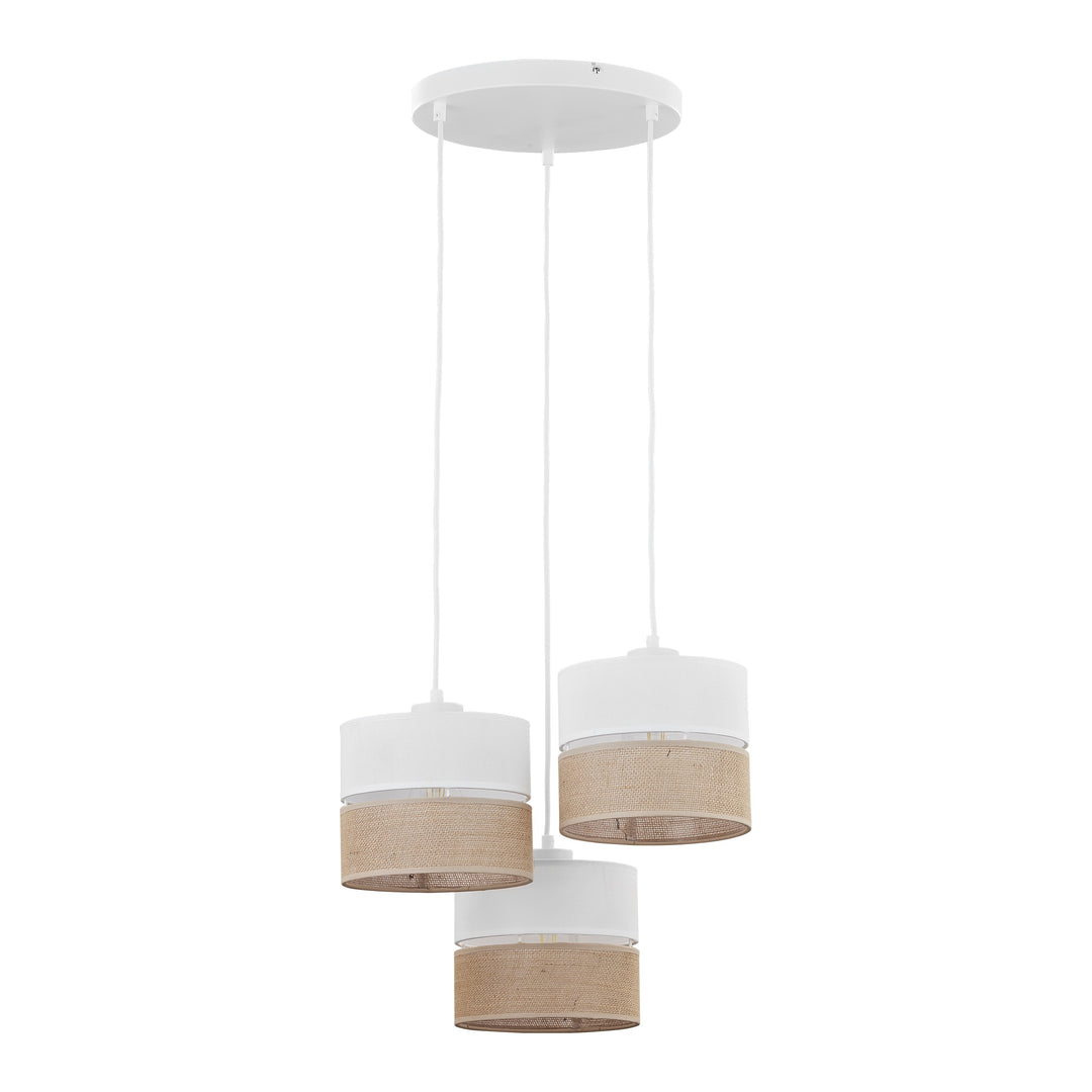TK Linobianco loftlampe m. 3 skærme brun jute hvid stof og hvid metal