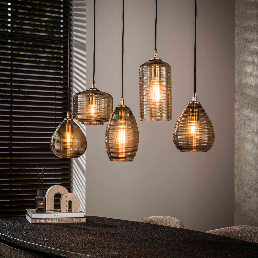 Produktbillede af Teguise Loftlampe med fem håndlavede lampeskærme i røgfarvet brunt glas Levering uden pære på tilbud i høj kvalitet