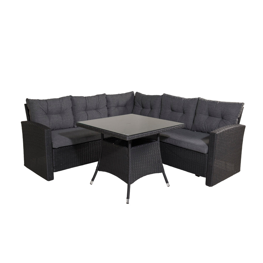 VENTURE DESIGN Watford hjørnesofa sæt grå hynder glas og sort polyrattan