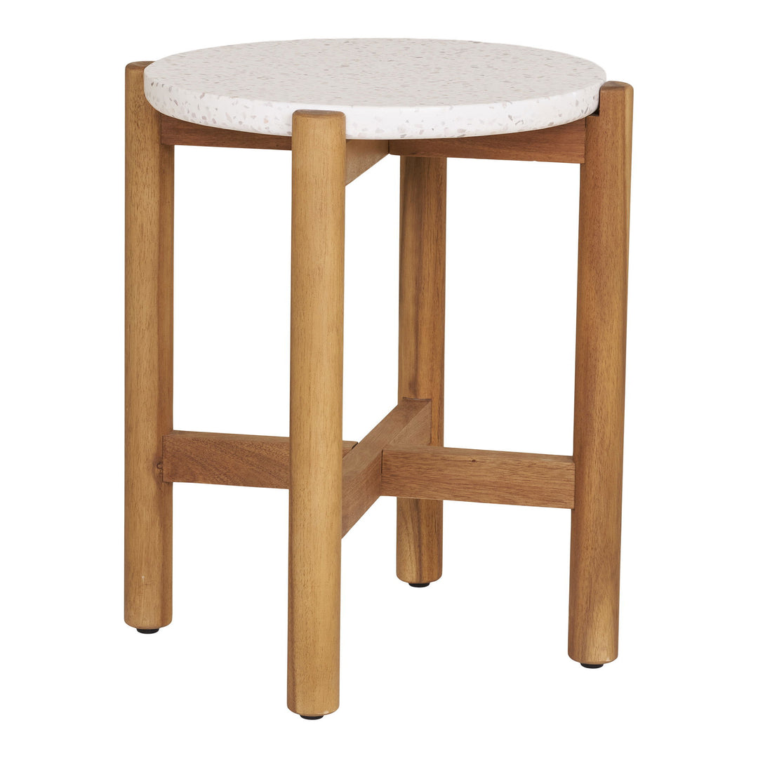 Produktbillede af HOUSE NORDIC Terracina udendørs sidebord rund hvid terrazzo og natur akacietræ Ø37 i premium kvalitet